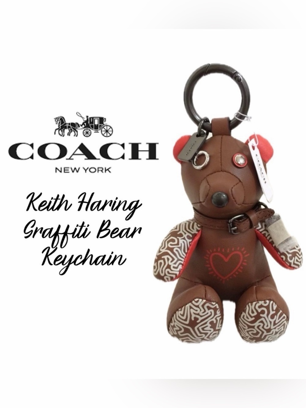 Coach Keith Haring Bear Rare Bag Charm Fob Red Brown Keychain